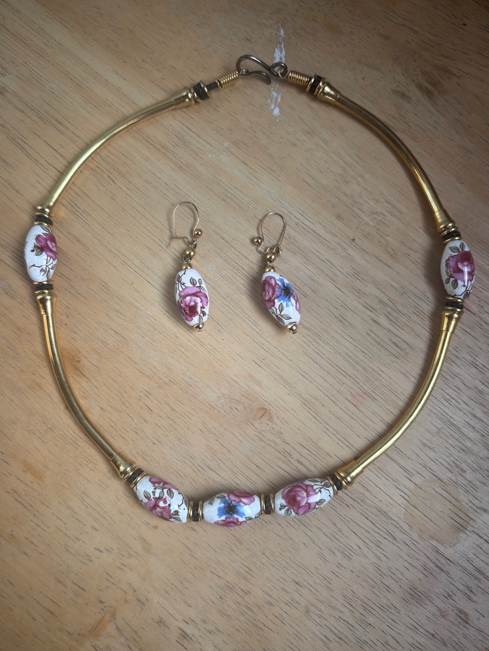 Vintage Boho Ceramic Floral Necklace & Earring Set - Handpainted